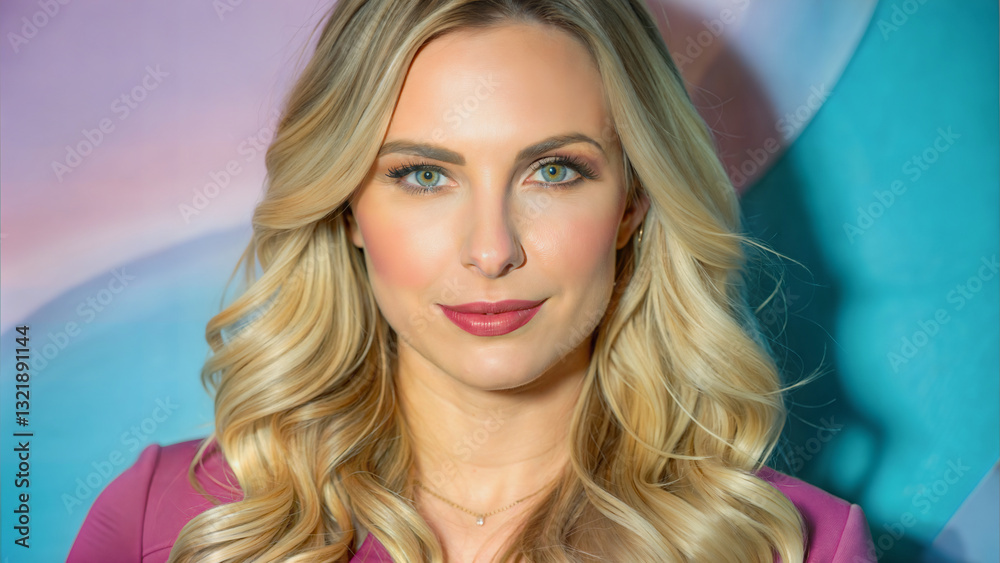 Studio shot of a woman with light-blonde hair and a subtle makeup look.Portrait of a woman with a soft, confident expression.