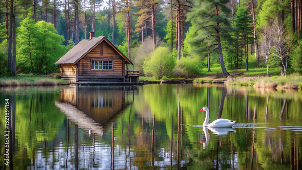 Tranquil wooden cabin nestled on a serene lake, surrounded by lush greenery.A serene lake, a wooden cabin, and a swan gracefully gliding across the water.