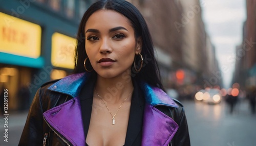 Confident Urban Streetwear Diva in Edgy Fashion, Bold Accessories, and City Backdrop | Trendy Youth Culture