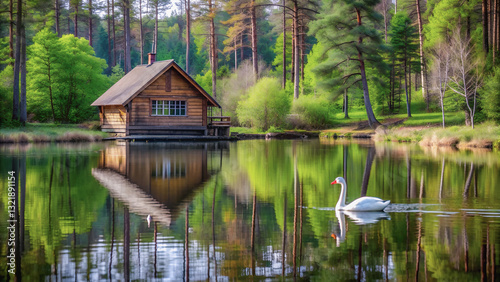 Obraz na płótnie Tranquil wooden cabin nestled on a serene lake, surrounded by lush greenery.A serene lake, a wooden cabin, and a swan gracefully gliding across the water. w salonie