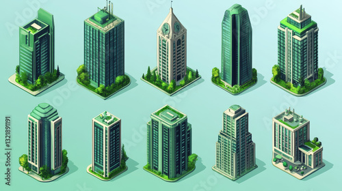Color line building icons. Green town icon, city buildings and real estate symbols vector set. Urban architecture. Residential and municipal buildings linear pictograms pack. Logotype design elements