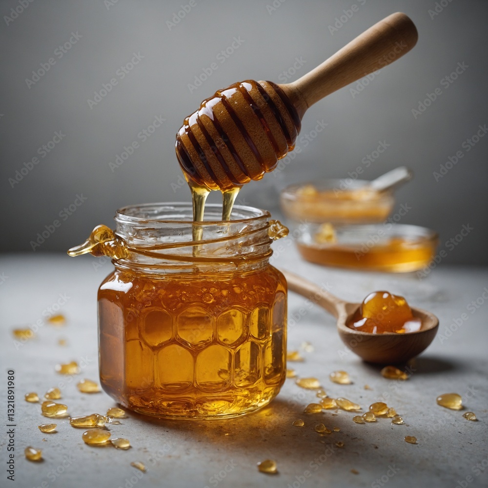 The golden glow of honey as it flows smoothly from the comb into a crystal-clear jar The golden glow of honey as it flows smoothly from the comb into a crystal-clear jar
