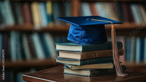 Academic Success: Graduation Cap on Books Symbolizing Achievement and Knowledge photo