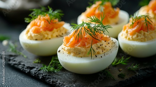 Elegant deviled eggs with salmon and fresh dill garnish atop slate board