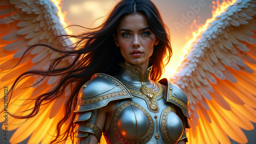 Gorgeous brunette winged female angel warrior in shiny metal armor, abstract fantasy wallpaper