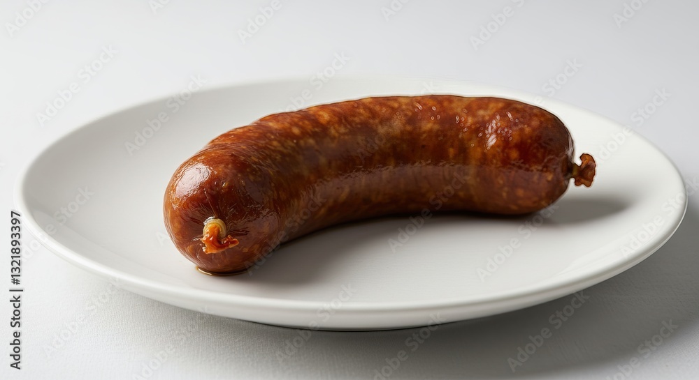Single Grilled Sausage on White Plate, Cooked Meat Food Single Grilled Sausage on White Plate, Cooked Meat Food