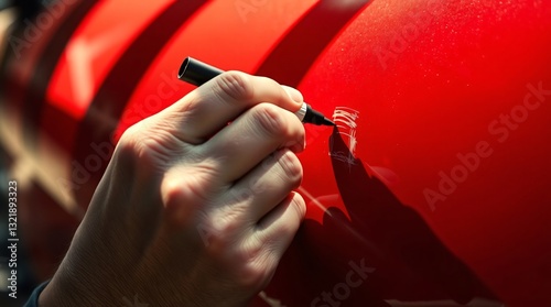 touch-up paint pen to repair a minor scratch on a vibrant red car