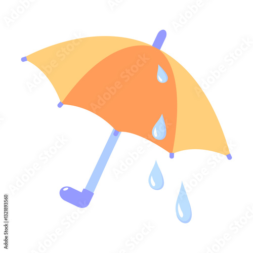 A bright orange umbrella dripping with large raindrops. A sunny illustration welcoming spring. The rain has stopped, and the water is running down the umbrella. Hand-drawn vector illustration.