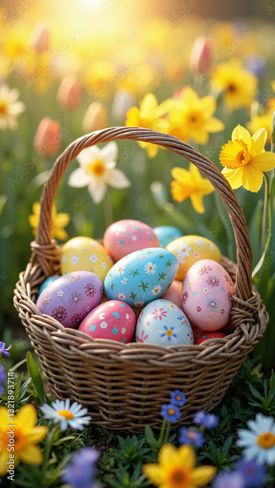 Vibrant Wicker Basket Overflowing with Decorated Easter Eggs in a Colorful Flower Field - Perfect for Easter Marketing and Celebrations Vibrant Wicker Basket Overflowing with Decorated Easter Eggs in a Colorful Flower Field - Perfect for Easter Marketing and Celebrations
