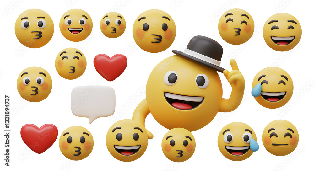 Collection of fun emoji with heart shapes and speech bubble Collection of fun emoji with heart shapes and speech bubble