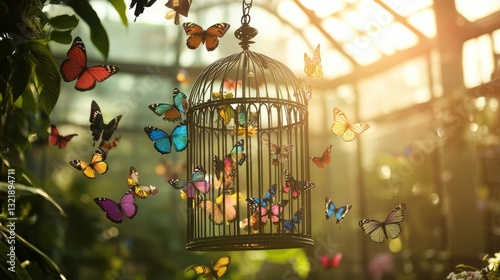A birdcage with butterflies escaping into sunlight in a lush greenhouse.