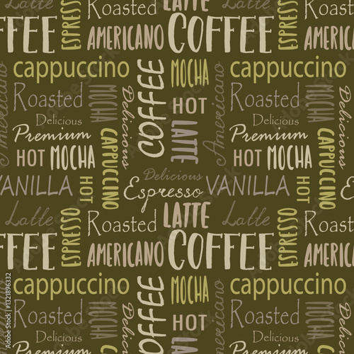 Coffee words, tags. Seamless pattern on the brown background