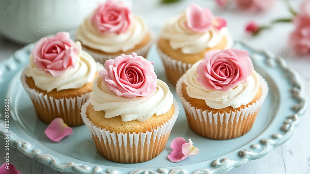 Professional Image of Cupcakes with White Frosting and Pink Rose Decoration Professional Image of Cupcakes with White Frosting and Pink Rose Decoration