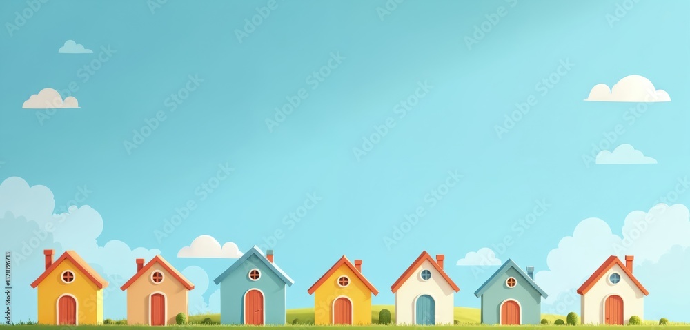 Cartoon colorful houses stand in row under blue sky with clouds. Charming neighborhood scene. Cheerful city landscape with cartoonish architecture, rooftops, windows, doors. Sunny, idyllic, peaceful, Cartoon colorful houses stand in row under blue sky with clouds. Charming neighborhood scene. Cheerful city landscape with cartoonish architecture, rooftops, windows, doors. Sunny, idyllic, peaceful,