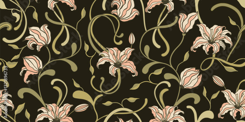 Seamless Vector Art Nouveau Floral Vintage Pattern With Elegant Lily Flowers And Curving Vines Boho Style Folk Background