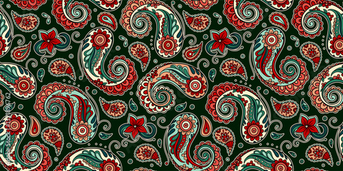 Seamless Folk Art Vector Paisley Pattern With Ornate Floral And Swirling Elements In Traditional Boho Ethnic Motif