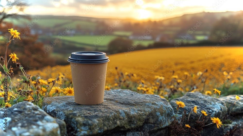 Sunset view over vibrant fields with a coffee cup placed on a stone wall Sunset view over vibrant fields with a coffee cup placed on a stone wall