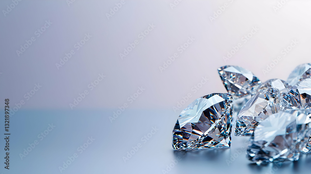 Multiple Sparkling Clear Faceted Diamonds on a Reflective Gradient Background Multiple Sparkling Clear Faceted Diamonds on a Reflective Gradient Background