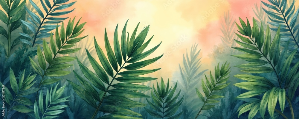Obraz premium Trendy tropical wallpaper with palm green leaves, sunset colors. Interior mural, fresco concept background. Watercolor painting style, artist brushes strokes, spa mood. Wide panorama nature