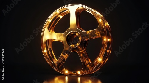 A golden film reel illuminated against a dark background appears