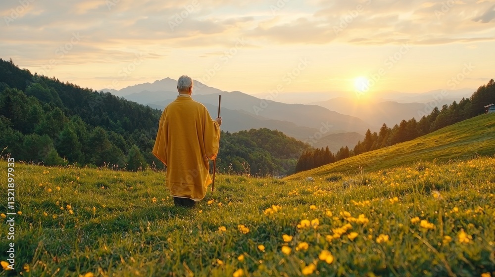 Fototapeta premium Man in Yellow Robe Contemplates Sunrise Over Mountain Valley