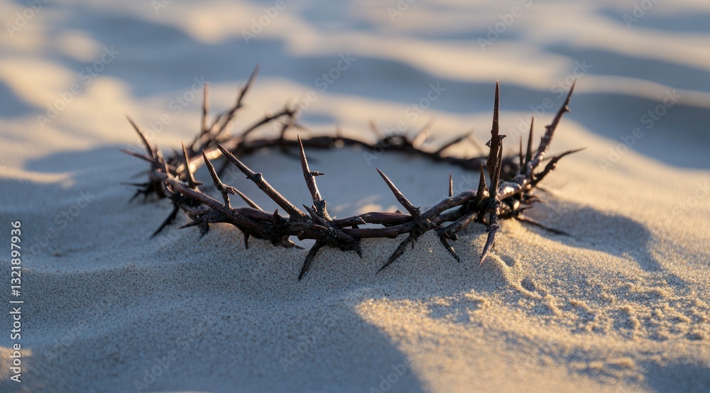 Crown of Thorns Resting on Sand Symbolizing Sacrifice and Faith Crown of Thorns Resting on Sand Symbolizing Sacrifice and Faith