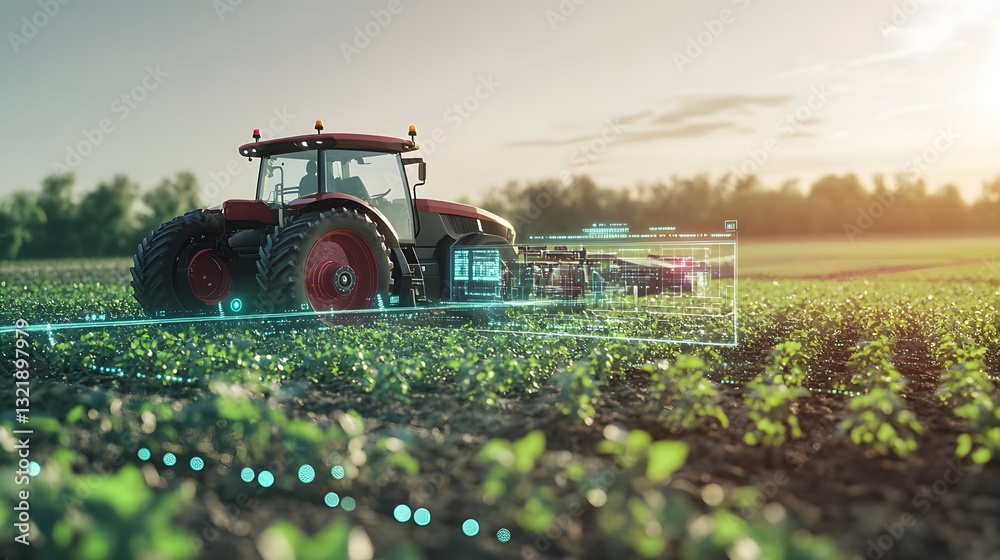 Fototapeta premium Red Tractor Working a Green Field at Sunset with Digital Interface