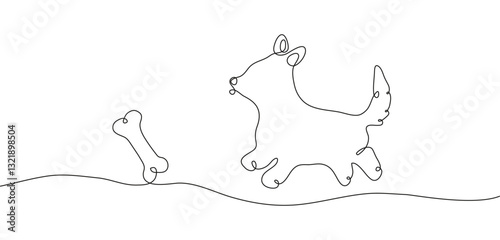 Silhouette of a corgi dog in the style of drawing a continuous line. A puppy runs after a bone, horizontal minimalistic banner. Vector illustration for advertising a dog school, veterinary, pet food.