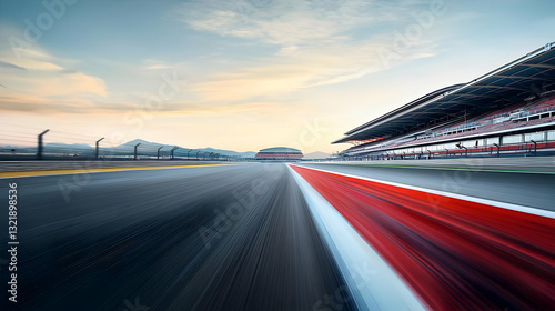 Motion Blur Of Red And White Kerbs On Asphalt Race Track At Sunset With Grandstands