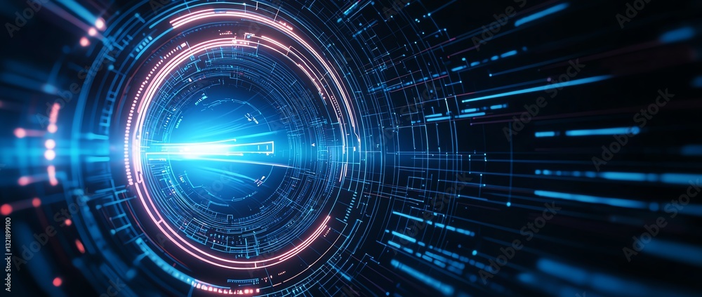 A futuristic blue light emanates from a circular core, surrounded by radiant swirling lines A futuristic blue light emanates from a circular core, surrounded by radiant swirling lines