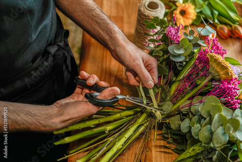 Fototapet Florist arranging and tying a bouquet of flowers in workshop