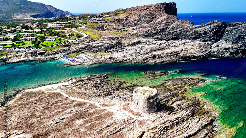 Breathtaking aerial view of Torre della Pelosa and La Pelosa Beach in Sardinia