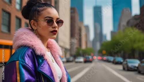 Stylish Streetwear Woman in Retro Urban Outfit, Distressed Denim, and Neon Lights | Fashion Photography