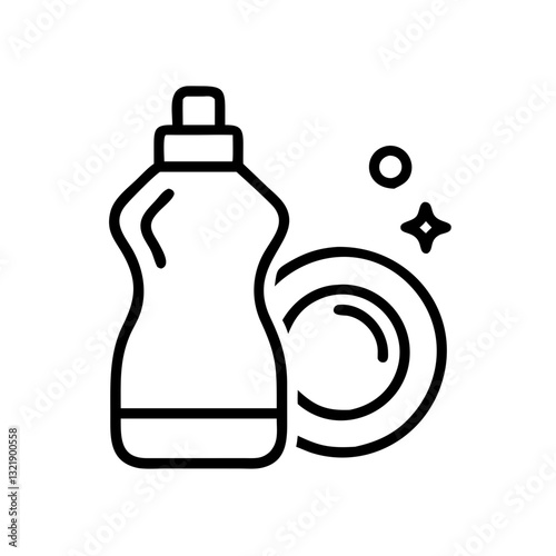 Dishwasher detergent bottle with clean plate icon on a white background in a minimalist style with copy space
