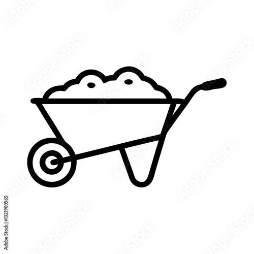 Wheelbarrow full of soil, minimalistic design, black outline, white background, copy space