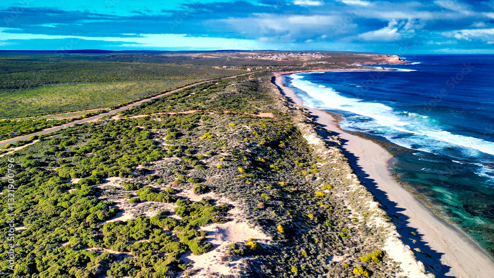 Kalbarri coastal landscape and town captured from above in the springtime