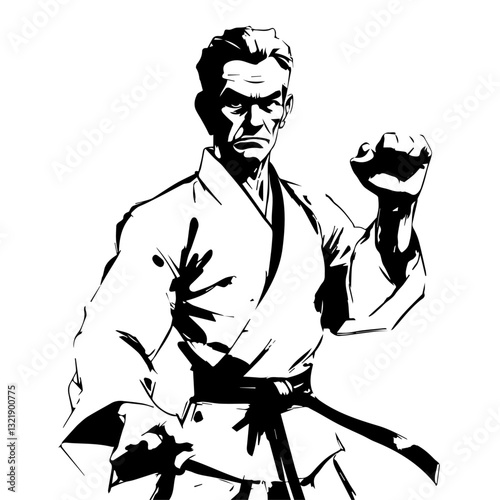 Digital illustration of an older martial arts master wearing a traditional karate gi with a black belt.