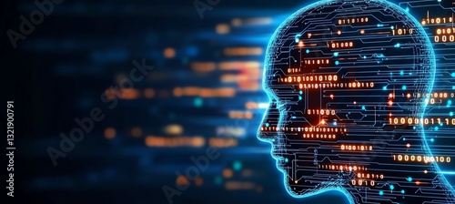 A digital representation of a human head filled with glowing binary code. This image symbolizes artificial intelligence, data processing, and modern technology advancements.