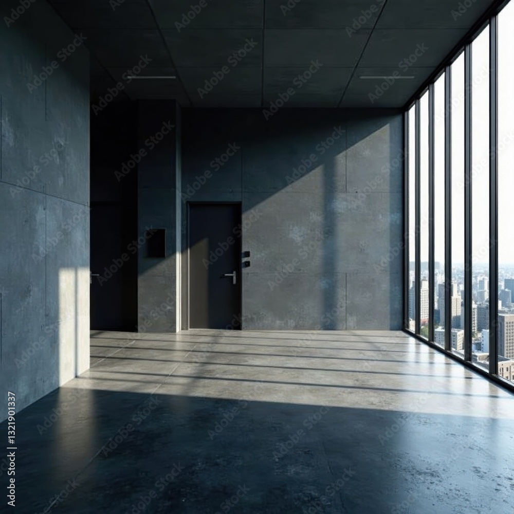 Sleek dark concrete floors, sharp angles, empty space, space, reflective, building Sleek dark concrete floors, sharp angles, empty space, space, reflective, building