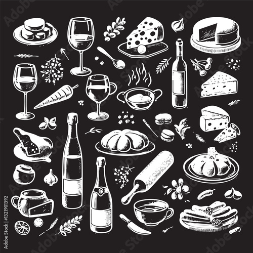 chalk food vector illustrations. wedding dinner icons, wine or champagne glass, cheese, and charcuterie drawings for wedding invitations, cafe menus, and parties.