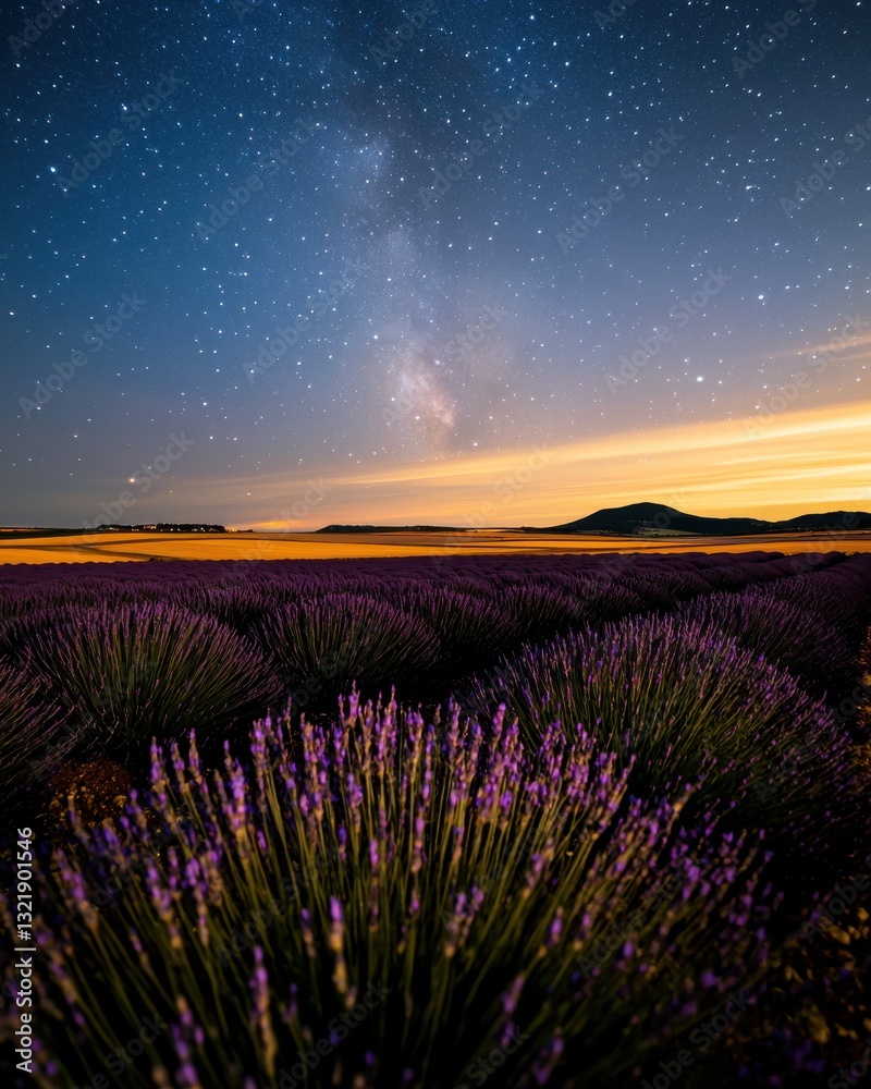 Fototapeta premium Majestic Night Sky Over Lavender Field, Milky Way, Serene Landscape, Nature's Beauty