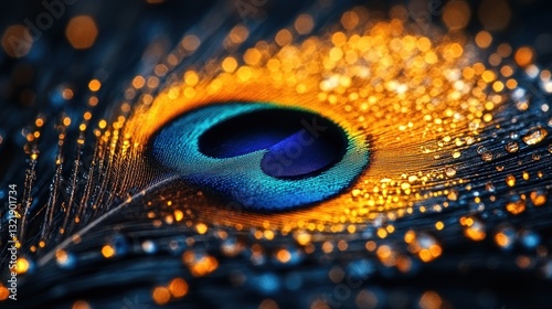 Golden Dew-Kissed Peacock Feather: A Symphony of Color and Light