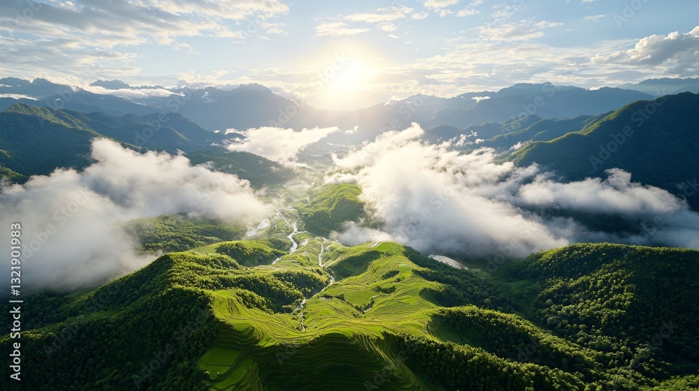 Obraz premium Majestic Sunrise Over Lush Green Terraced Rice Fields and Mountain Landscape in Scenic Nature Setting