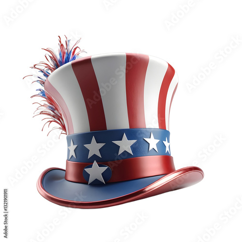  fourth of July hat or patriotic american flag top hat isolated on white, transparent background png , 3D rendering
