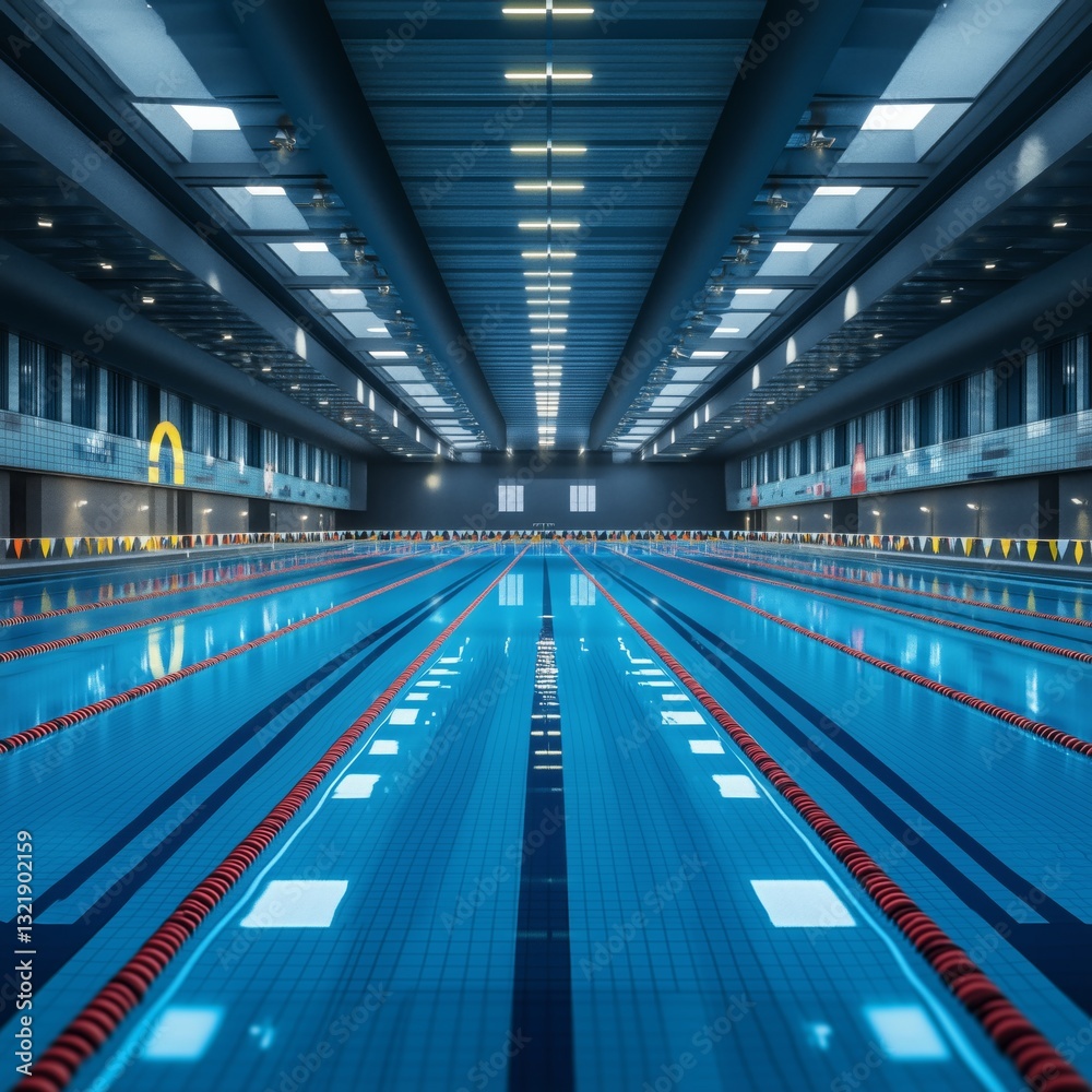 Modern indoor swimming pool architecture with lane dividers and lighting Modern indoor swimming pool architecture with lane dividers and lighting