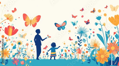 A parent and child surrounded by colorful butterflies and wildflowers in a sunny meadow.