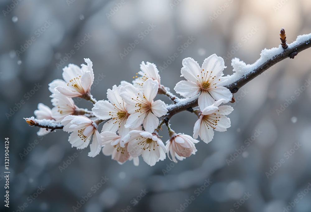 Snow Dusted Cherry Blossoms Against a Wintry Bokeh Background Nature's Seasonal Contrast Captured in Delicate Detail Snow Dusted Cherry Blossoms Against a Wintry Bokeh Background Nature's Seasonal Contrast Captured in Delicate Detail