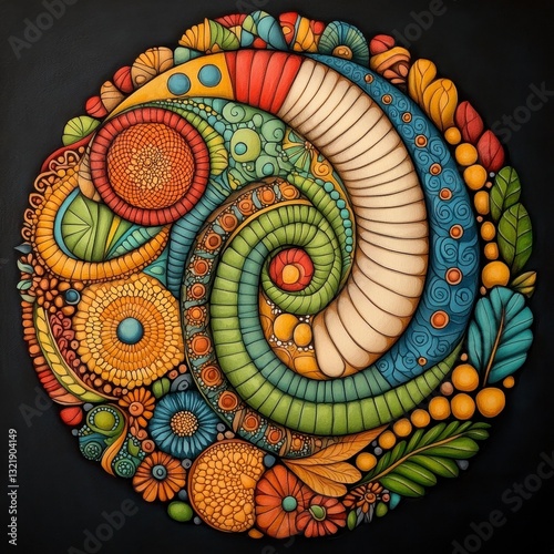 Circular Abstract Artwork with Swirling Patterns and Intricate Details