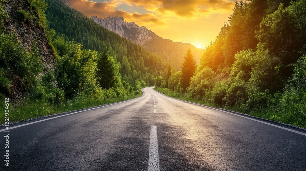 A highway stretching through the alpine mountains at sunset in summer Dolomites Italy A picturesque road surrounded by lush trees towering rocks and misty clouds A scenic mountain A highway stretching through the alpine mountains at sunset in summer Dolomites Italy A picturesque road surrounded by lush trees towering rocks and misty clouds A scenic mountain