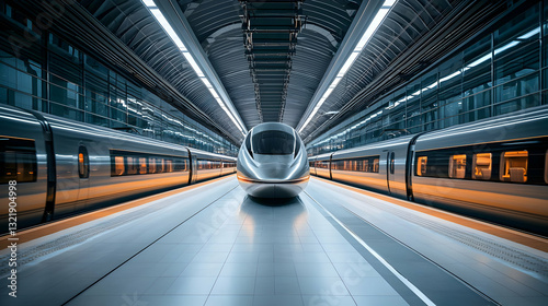 Modern High-Speed Train At A Futuristic Illuminated Station Platform With Metallic And Glass Architecture